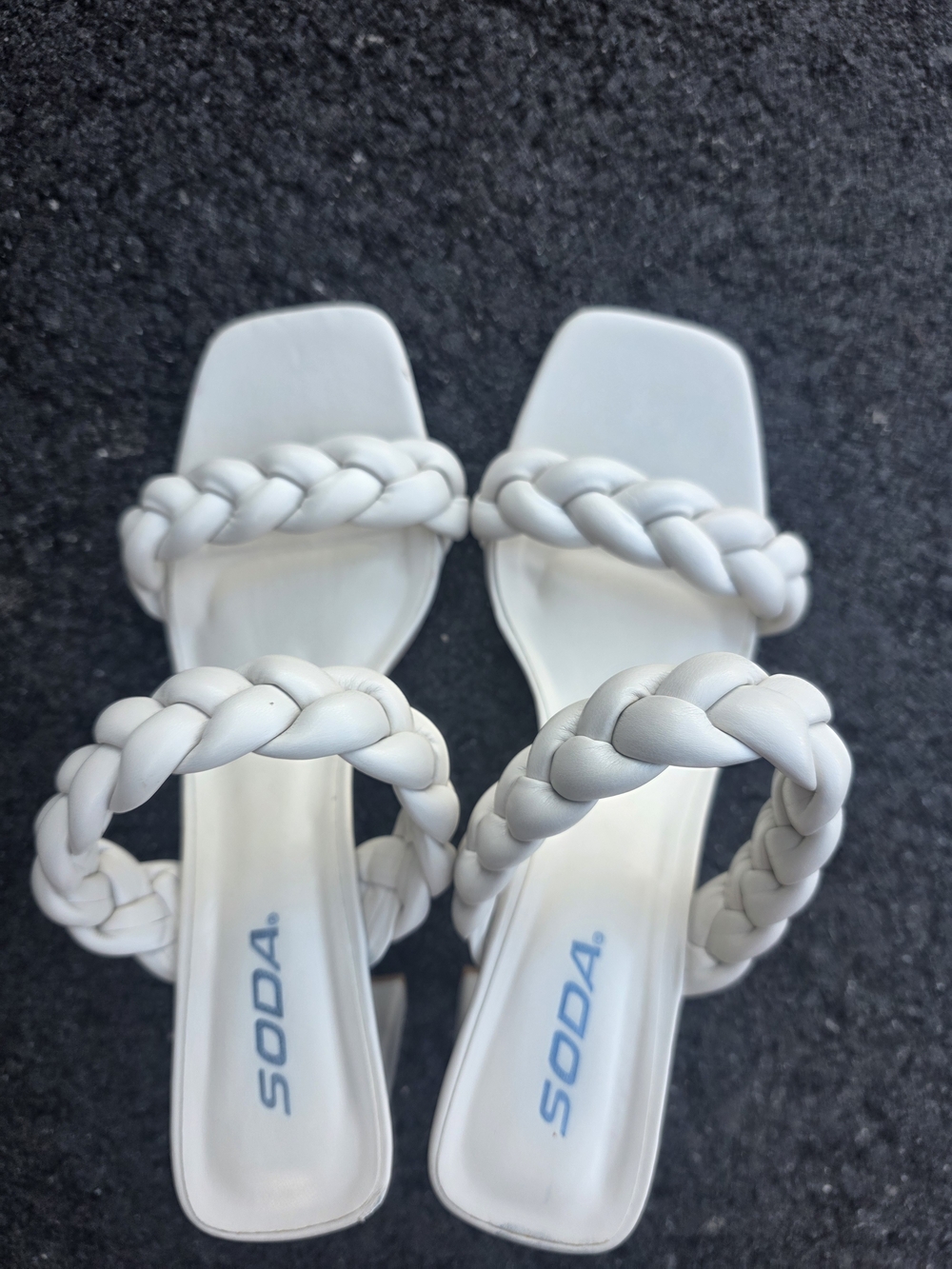 Soda White Braided Strap Square Toe Slide Heels